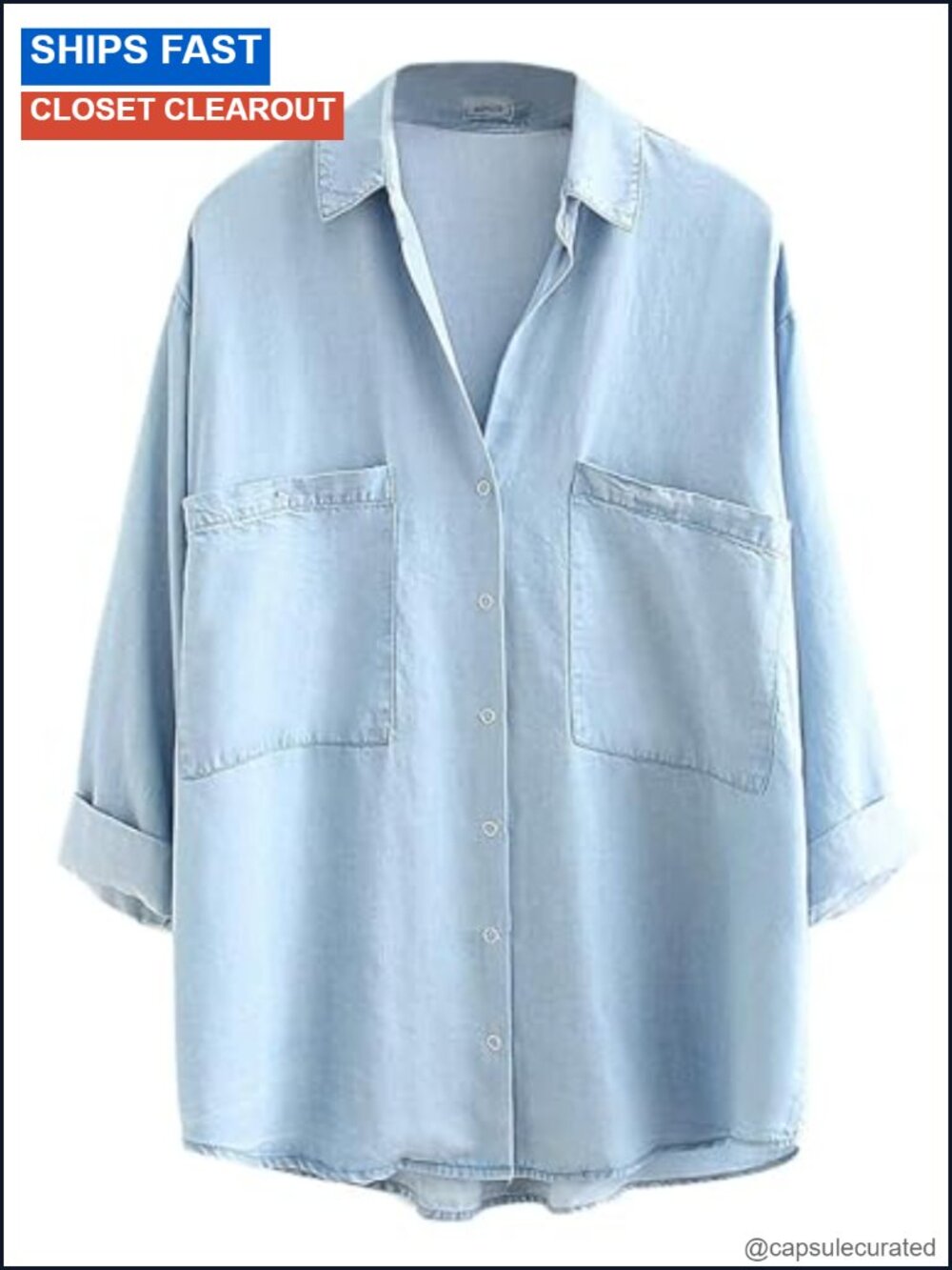 Soft Tencel Oversized Button Down Shirt with V-Neck and Rolled Cuffs